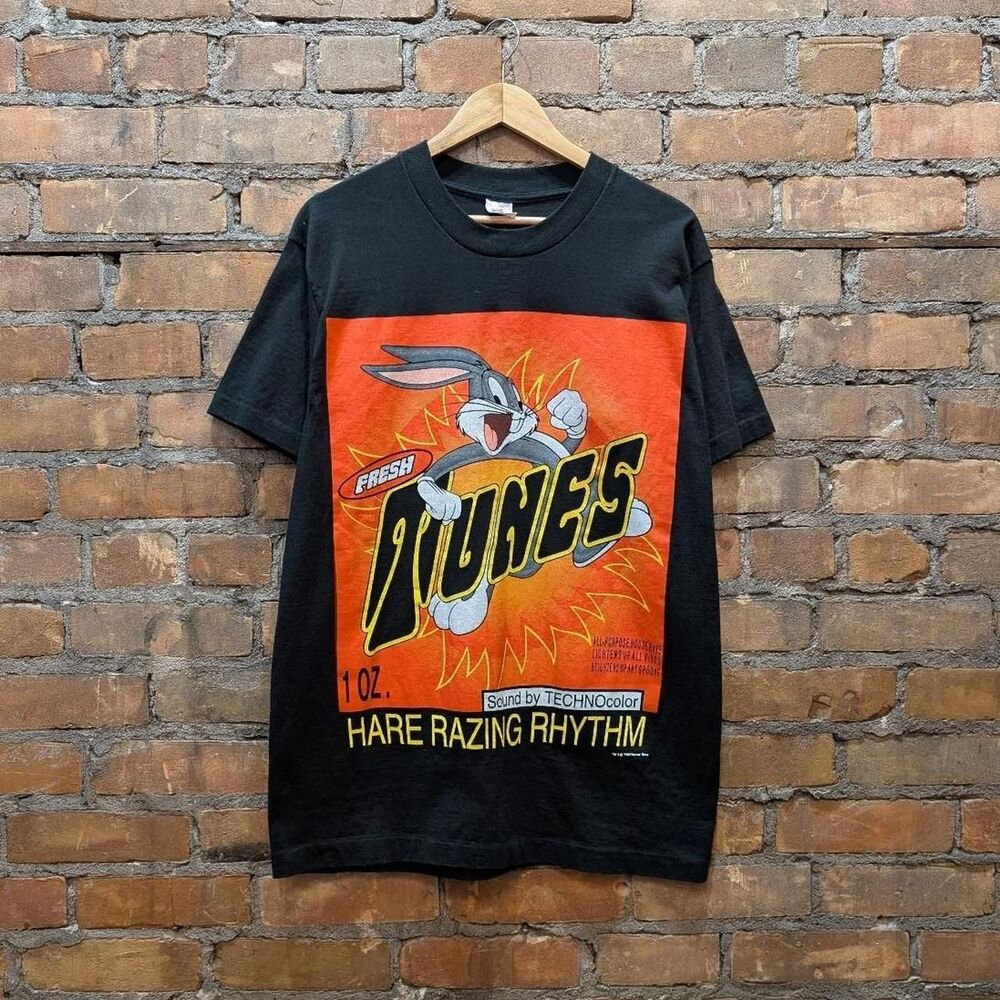 Vintage Looney Tunes Bugs Bunny Electronic Music Rave Tshirt 90s Black FOL Large